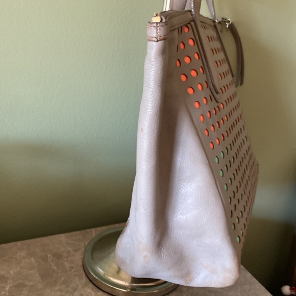 5/$30 Fossil Leather Zippered Gray/Mint/Orange Bag 12"W x 5 1/2"D x 11" T - Picture 13 of 15